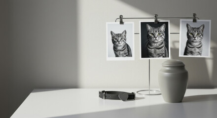 Cat memorial with urn, photos, and collar on white table