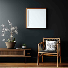 A acentric antique 75 ratio frame with a blank white background top view on the wall in a old living room with dark walls clean and tidy high resolution in th