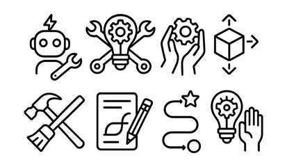 Line style icons of future skills: maker mindset icon, DIY innovation badge, hands-on learning icon, rapid prototype badge, tool use with purpose, project-based learning symbol, make and reflect icon
