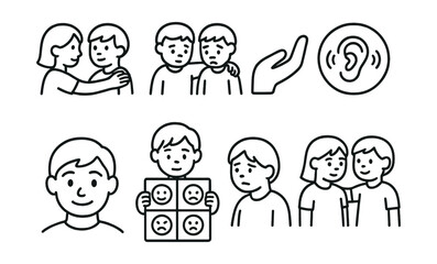 Line style icons of children&rsquo;s emotional literacy: empathy icon, comforting another child, helping hand symbol, listening ears badge, &ldquo;I understand&rdquo; face, emotions in others chart, noticing friend&rsquo;s