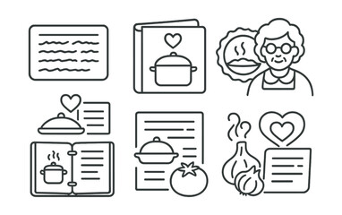 Line style icons of family memory archive: recipe card with handwriting, family cookbook icon, passed-down dish badge, grandma’s kitchen symbol, recipe binder, food and story icon, ingredients with