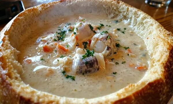 Creamy seafood chowder bread bowl, restaurant