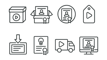Line style icons of online education: digital product package, course as product icon, e-learning bundle badge, course sale tag, download access symbol, knowledge license icon, online product