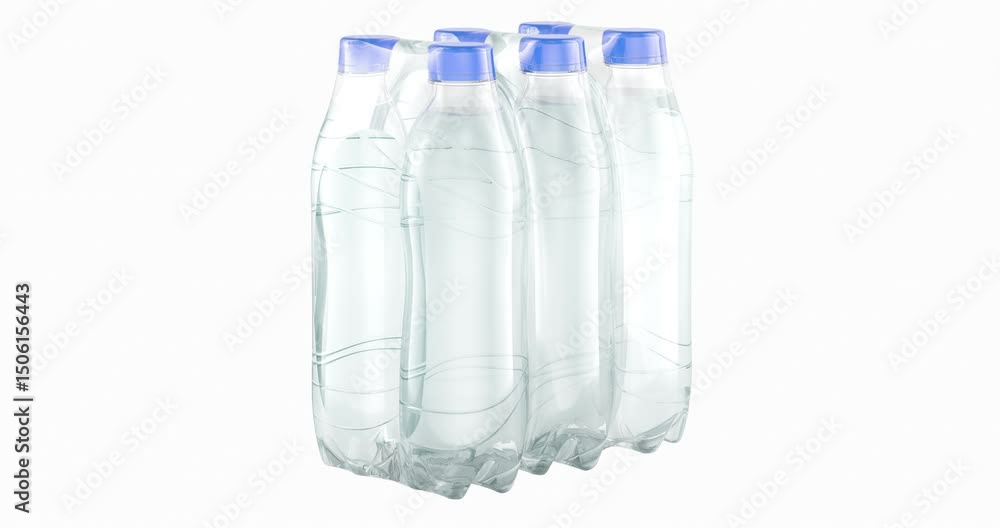Poster clear plastic water bottles wrapped in transparent shrink film, rotating. 3d video animation, seamle