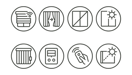 Line style icons of smart home tech: smart blinds icon, auto curtain control, light-sensing window badge, schedule open/close ring, vertical blind motor icon, shade control panel, remote blinds