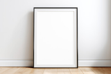 A black poster frame mock-up on a wooden floor against a white wall