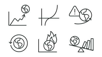 Line style icons of climate vocabulary: climate tipping point icon, red line threshold, no-return path symbol, irreversible change alert, feedback loop chart, runaway climate effect, unstable Earth