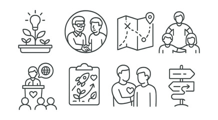 Line style icons of social entrepreneurship: incubator space icon, mentor and founder badge, accelerator stage map, peer support network, social pitch event icon, growth plan with mission, coaching