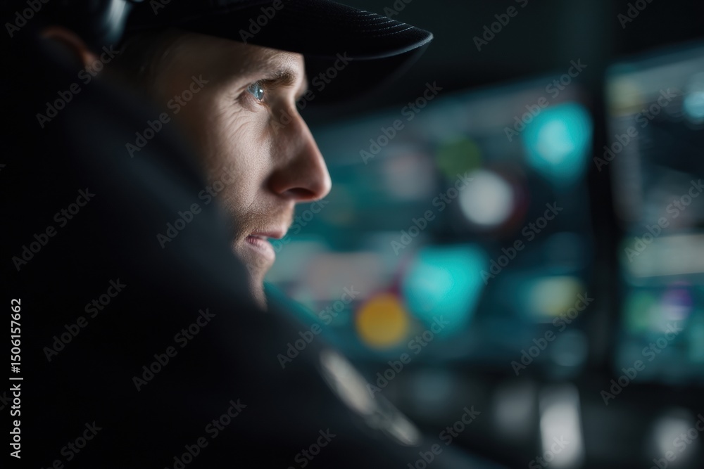 Poster Focused Man Wearing Headphones Looking at Multiple Computer Screens, Representing Cybersecurity and Data Analysis for Business Intelligence : Generative AI