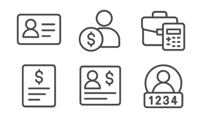 Line style icons of personal finance: bio section in finance profile, financial role overview, career + budget integration, income history panel, personal finance snapshot, identity in numbers icon.
