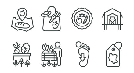 Line style icons of eco-friendly lifestyle: local food icon, farmer’s market bag, in-season produce badge, support local farm sign, short supply chain icon, community-supported agriculture, eco