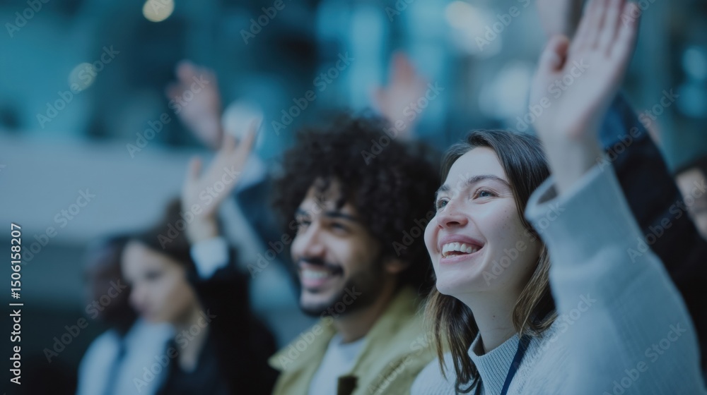 Poster diverse group of people raising hands in auditorium, demonstrating engagement at a conference and re