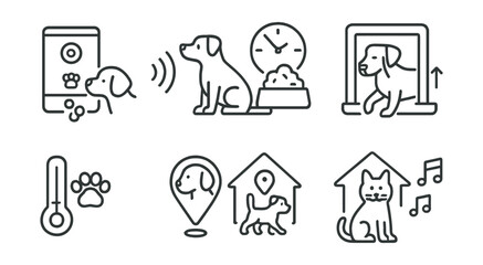 Line style icons of smart home technology: pet camera with treat dispenser, motion alert for pets, feeding schedule icon, pet door automation, temperature for pets, indoor pet tracker, pet zone