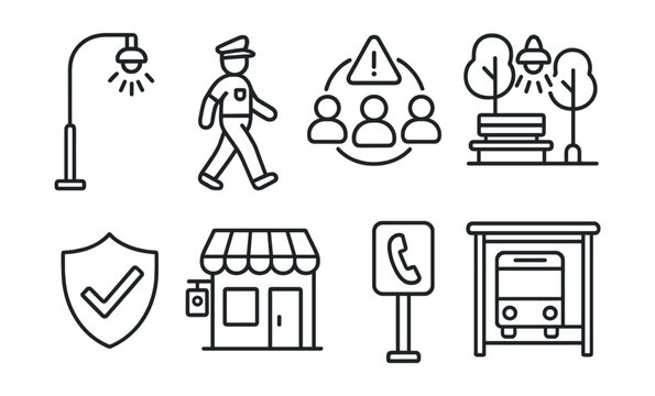 Line style icons of caring cities: safe night lighting icon, local patrol walk, community alert network, illuminated park icon, safe route symbol, open corner store light, emergency call box, night