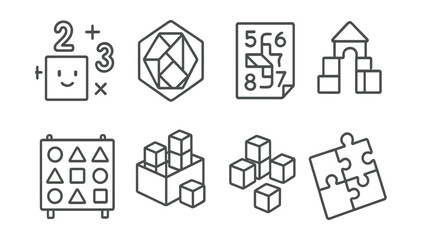 Line style icons of creative learning in school: playful math icon, pattern blocks badge, tangram activity, number maze sketch, build with logic icon, shape challenge board, explore with cubes,