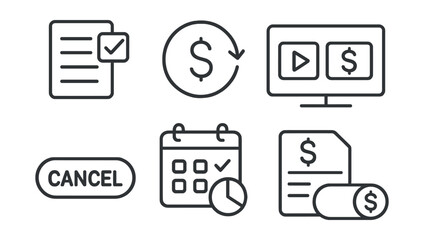 Line style icons of personal finance: subscription manager icon, recurring services tracker, streaming + billing screen, cancel subscription button, renewal date calendar, monthly plan overview, auto