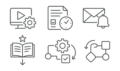 Line style icons of online education: lesson automation icon, auto-release module, timed quiz start, email reminder for course, triggered event icon, logic for learning path, set and forget system,