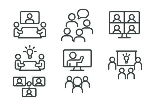 Line style icons of online education: online meeting table, class discussion icon, video chat group, team project meetup, virtual circle time, instructor talk screen, shared idea board, breakout room