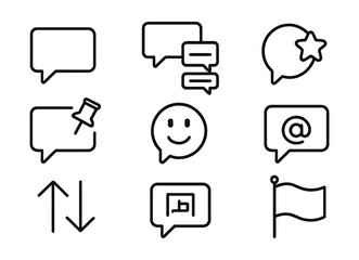 Line style icons of social media and communication: comment icon, threaded reply view, highlight comment badge, pinned conversation icon, comment bubble with emoji, user tag inside reply,