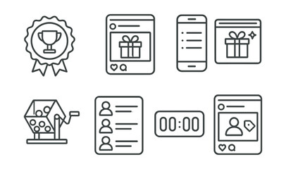 Line style icons of social media and communication: social contest badge, giveaway post icon, entry rules screen, prize showcase panel, random winner draw, participant list icon, countdown to contest