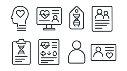 Line style icons of healthcare technology: bio health profile, patient biometrics panel, genetic data tag, family history sheet, DNA section in record, vital sign summary, full patient background