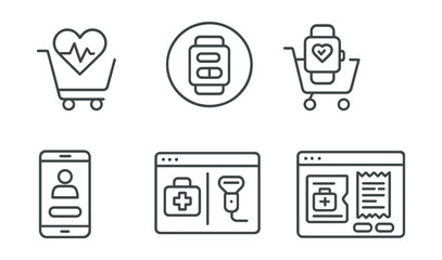 Line style icons of healthcare technology: shopping for health tech icon, online device store badge, wearable cart symbol, subscribe to service screen, checkout care tools panel, equipment comparison
