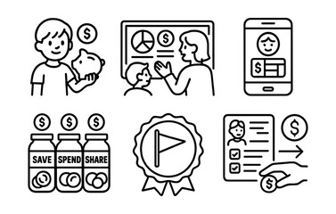 Line style icons of personal finance: child budgeting icon, parent-child finance dashboard, allowance tracker screen, save/spend/share jars, kids’ goal badge, family finance learning panel,