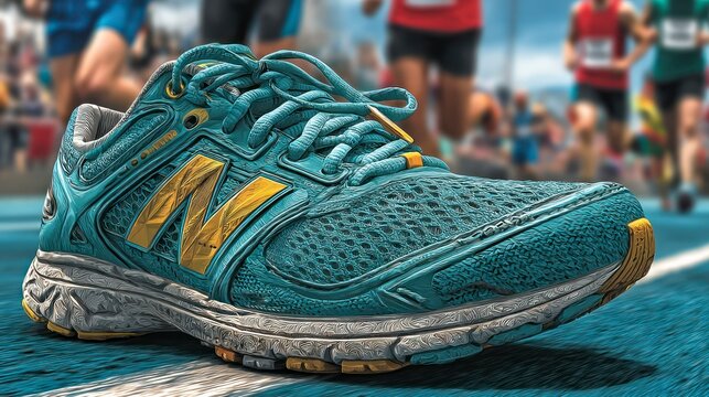 A vibrant running shoe on a track showcasing detailed design and performance features for athl