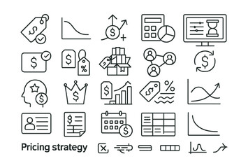Line style icons of pricing strategy: price tag, discount curve, markup icon, cost breakdown, price testing, competitive pricing, bundle icon, tier pricing, subscription model, freemium icon, dynamic