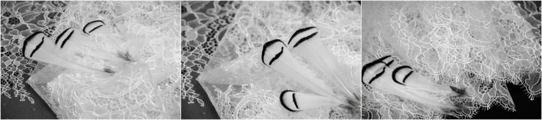 Fototapeta premium Black and white handmade stretch lace accessories Elegant and calm design with a touch of naivety High quality jacquard fabric used for personalization Ideal for lingerie or other unique accessory