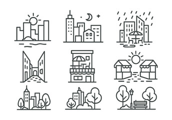 Line style icons of architecture and cities: skyline at sunset, night city lights, rainy urban street, narrow alley view, rooftop café icon, morning market lane, cityscape with trees, quiet urban