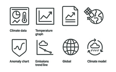 Line style icons of climate vocabulary: climate data dashboard, temperature graph, climate report icon, satellite climate view, anomaly chart badge, emissions trend line, global climate indicator,