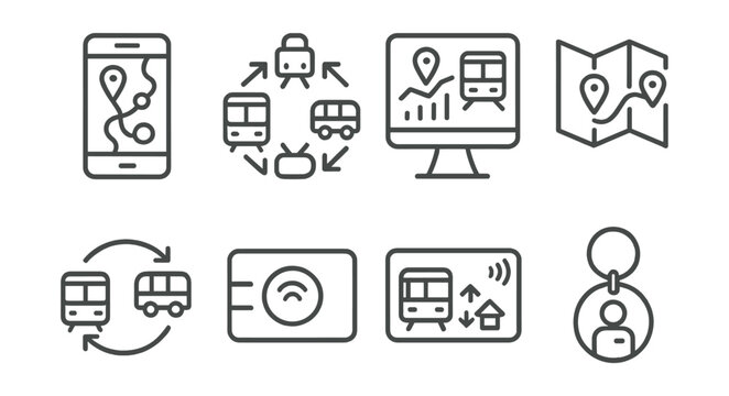 Line style icons of future urban transport: multimodal route app, transport integration icon, real-time mobility dashboard, journey planner symbol, transfer sync icon, all-in-one pass, city transport