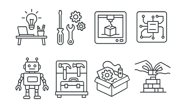 Line style icons of creative learning in school: maker space icon, build station tools, 3D printer badge, circuit board sketch, robotics activity icon, tool shelf symbol, hands-on kit box, creative