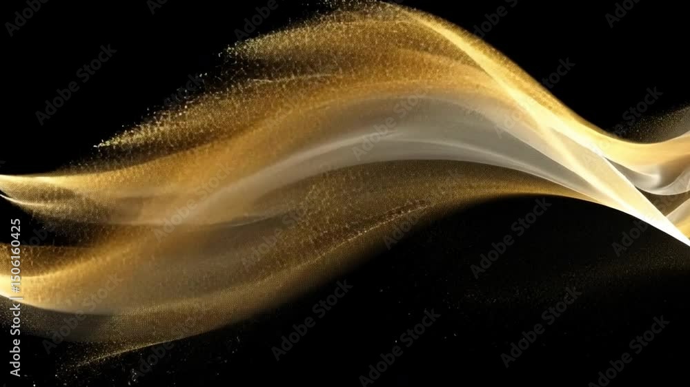 Poster elegant flow of golden particles beautiful abstract movement with soft curves against black backgrou