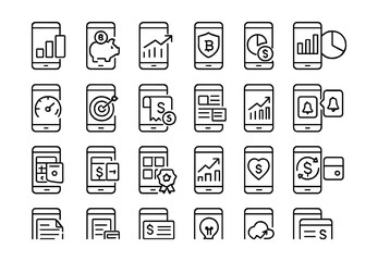 Line style icons of financial apps: money tracker, savings app, stock trading, crypto wallet, budget planner, bank app, credit monitor, goal setter, subscription manager, finance news, spending