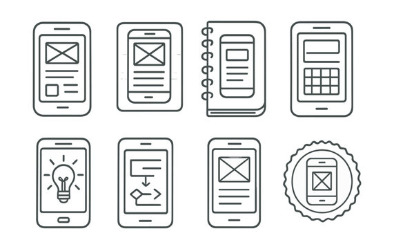 Line style icons of mobile app development: hand-drawn sketch icon, paper wireframe layout, concept notebook icon, idea doodle screen, design grid lines, flowchart on paper, rough UI sketch, early