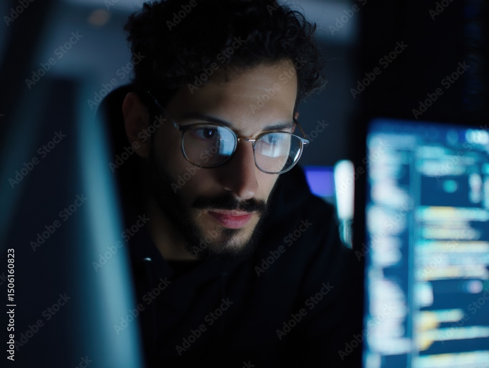 Poster Focused Man Coding Late at Night With Glasses, Representing Cybersecurity and Digital Transformation, Working on Software Development and Computer Programming : Generative AI