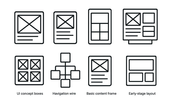 Line style icons of remote work: wireframe layout sketch, low-fidelity screen mockup, mobile-first grid, layout preview board, UI concept boxes, navigation wire diagram, basic content frame,