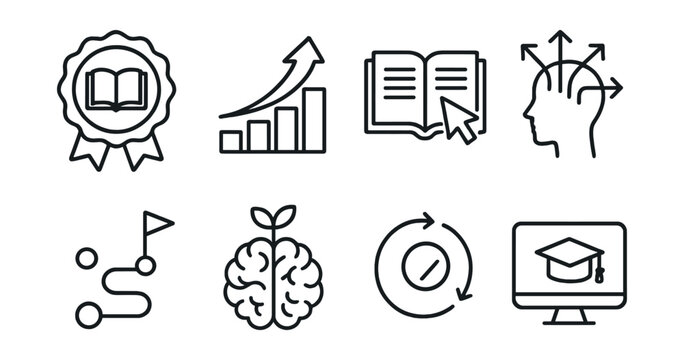 Line style icons of future skills: lifelong learning badge, upskilling arrow, e-learning symbol, open mindset icon, self-driven learning path, growth mindset brain, continuous improvement icon,