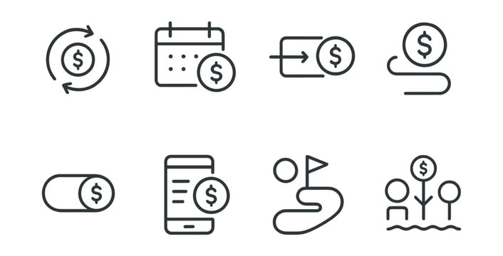 Line style icons of finance and investment apps: recurring investments icon, auto-invest calendar badge, regular deposit flow, micro-investment toggle, plan selection screen, long-term strategy path,