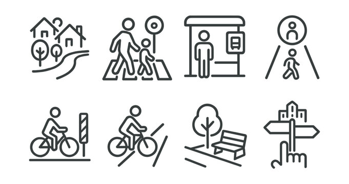 Line style icons of caring cities: neighborhood walking icon, safe street crossing, friendly bus stop, pedestrian island symbol, cycle lane with barrier, rest bench at corner, help button icon, city