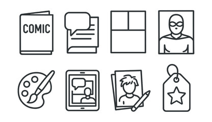 Line style icons of entertainment and media: comic book icon, speech bubble page, paneled layout symbol, superhero story card, color inking badge, digital comic screen, fan series sketch, collector’s