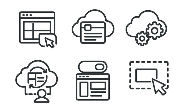 Line style icons of cloud computing: user interface builder icon, layout in browser screen, cloud UI kit badge, front-end in sync symbol, layout settings toggle, no-code design interface,