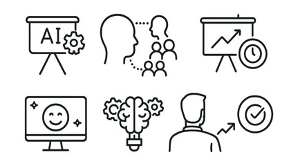 Line style icons of artificial intelligence: AI-enhanced presentation, live audience prediction icon, dynamic slide adjustment, speech timer badge, visual feedback screen, content improvement engine,