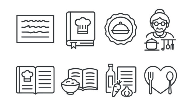 Line style icons of family memory archive: recipe card with handwriting, family cookbook icon, passed-down dish badge, grandma’s kitchen symbol, recipe binder, food and story icon, ingredients with
