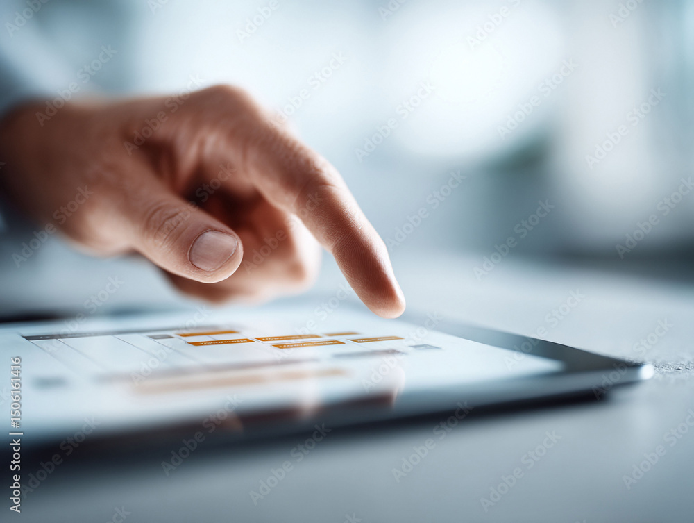 Poster closeup of a finger touching a tablet screen displaying data charts. concept for technology, busines