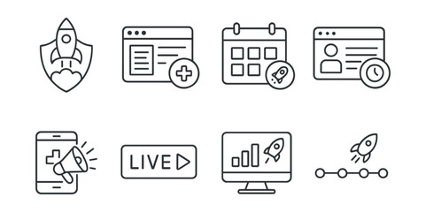 Line style icons of healthcare technology: platform launch badge, release of new health feature, product rollout calendar, early access panel, update announcement icon, live go button, launch event