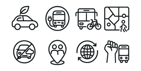 Line style icons of climate vocabulary: sustainable mobility icon, electric transport badge, bike + transit icon, walkable city layout, low-emission zone symbol, shared ride plan, mobility for future