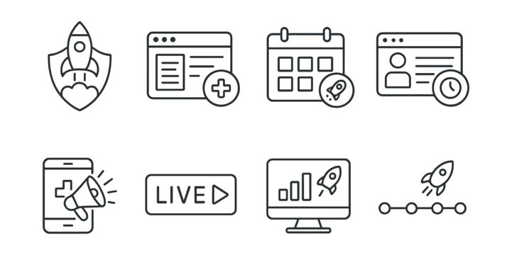 Line style icons of healthcare technology: platform launch badge, release of new health feature, product rollout calendar, early access panel, update announcement icon, live go button, launch event